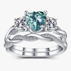 3 Stone Heart-Cut Blue Moissanite Engagement Rings Sets Size 7